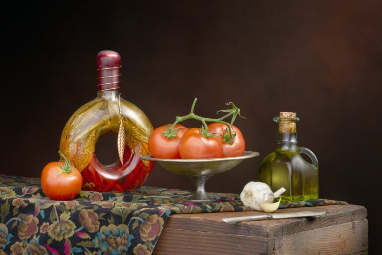 Gifts of Italy: Tomatoes, Olive Oil, and Garlic Quiet Still Life by Bobby Izquierdo