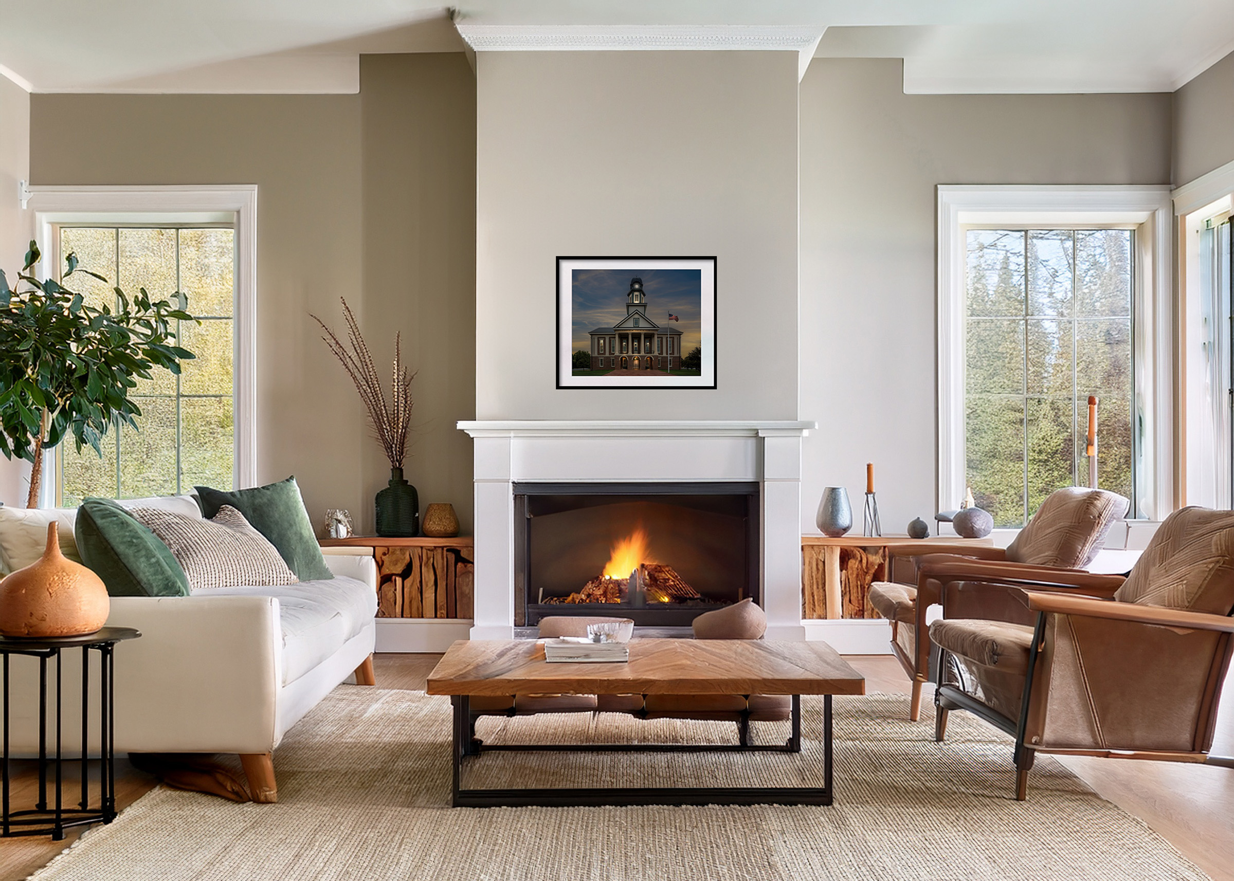 Chatham County Court House Nightscape in Cozy Family Room Setting