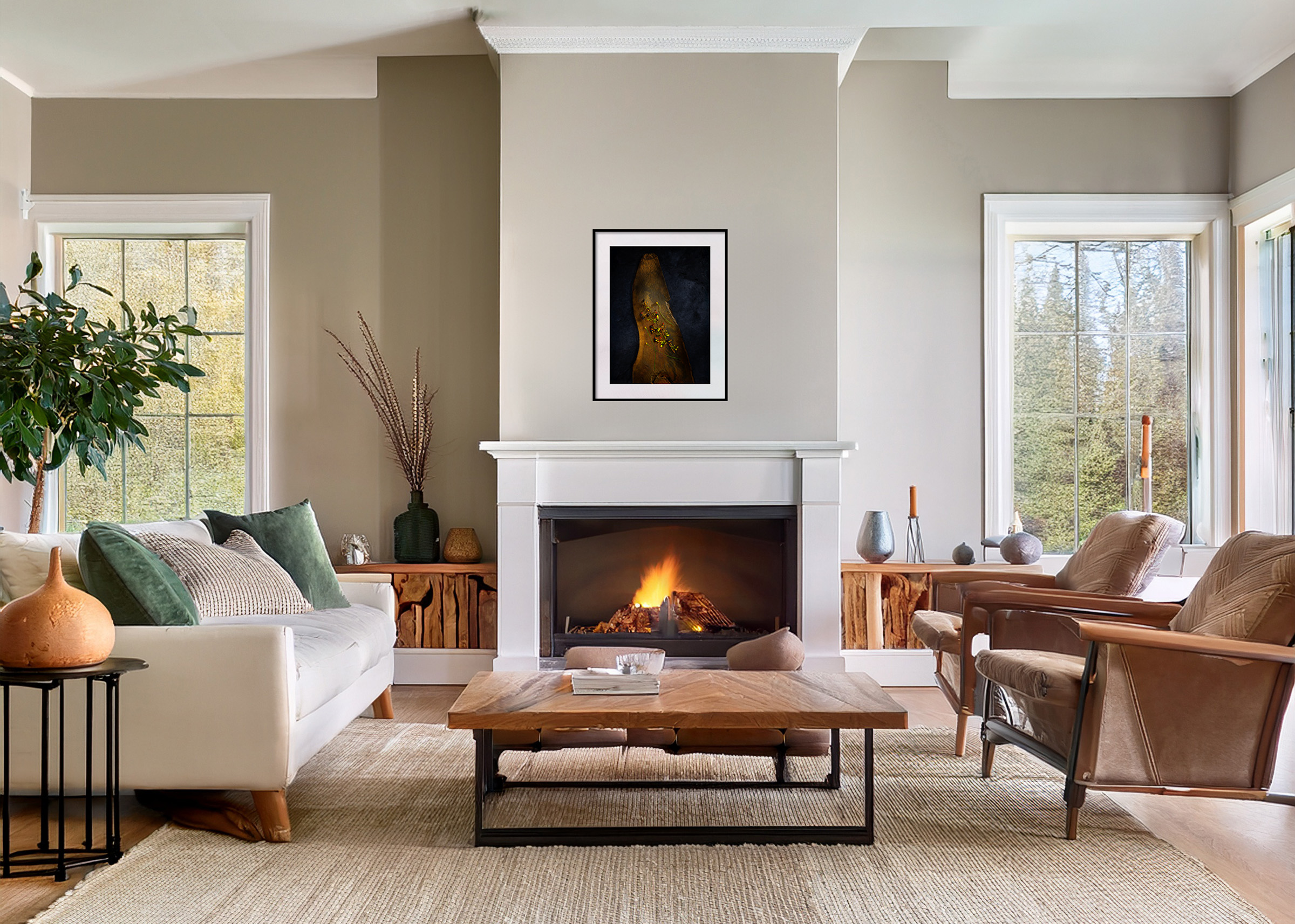 Wildflowers on Rustic Wood in Cozy Family Room with Fireplace Setting