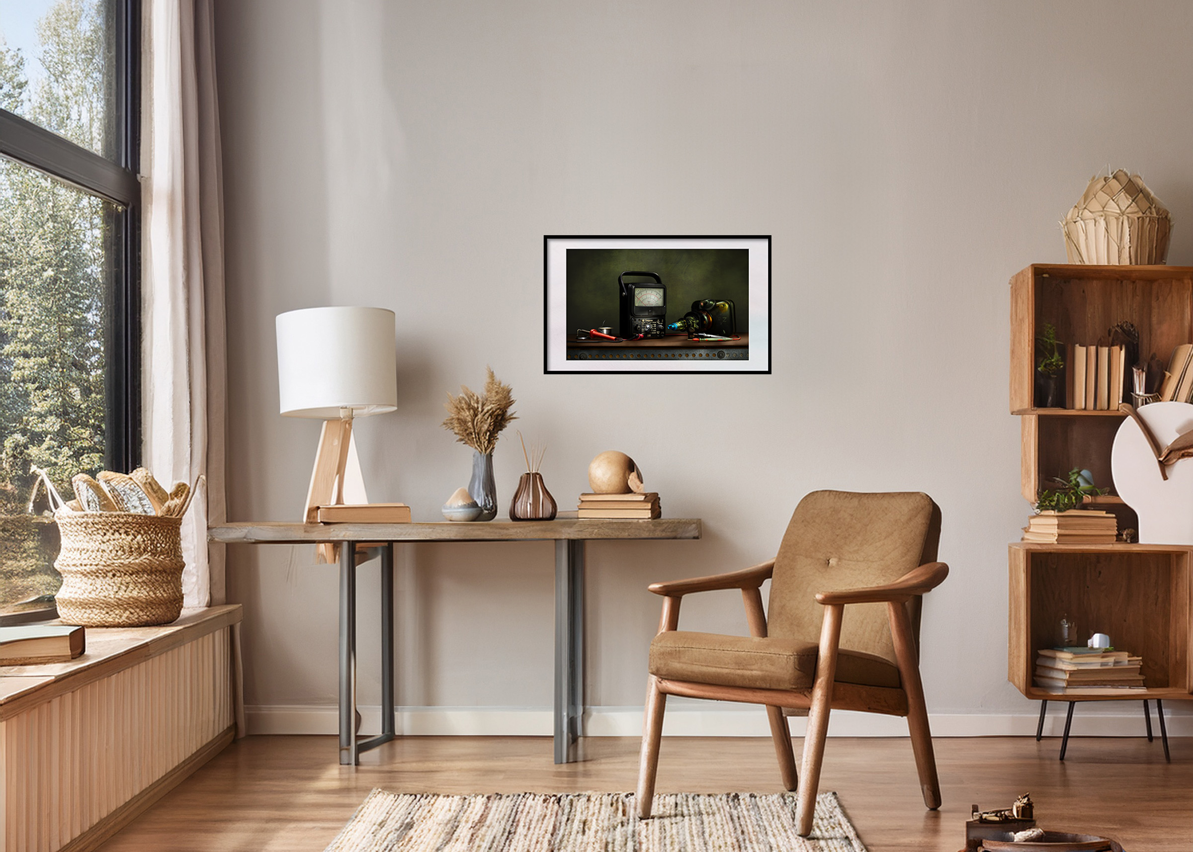 Simpson multimeter and flat screen TV cathode ray tube still life light painting in study room setting.