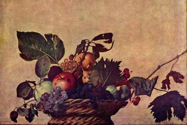 Classical still life painting featuring a basket filled with grapes, apples, pears, and leaves against a neutral background