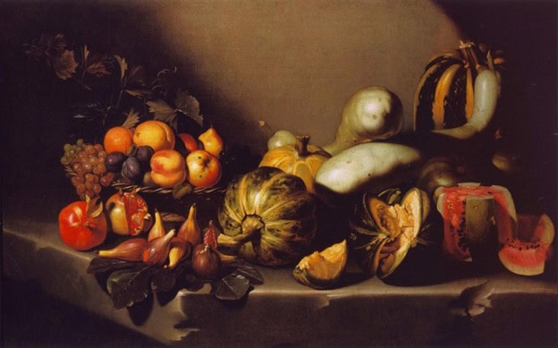A dramatic Baroque still life painting featuring an overflowing arrangement of ripe and cut fruit—including grapes, peaches, pomegranates, and melons—resting on a dark, cracked stone ledge. A strong, diagonal beam of light illuminates the fruit from the upper left, casting deep, dark shadows against a plain background.