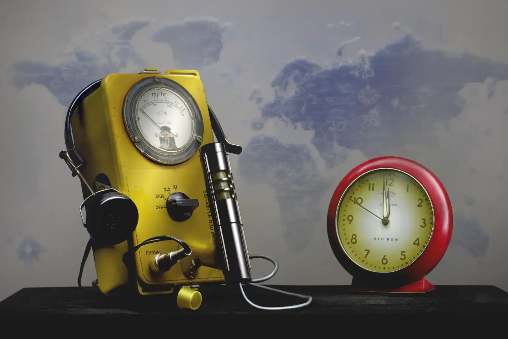 AUDIO ALARM AND CLOCK ON TABLE AGAINST SKY BACKGROUND.