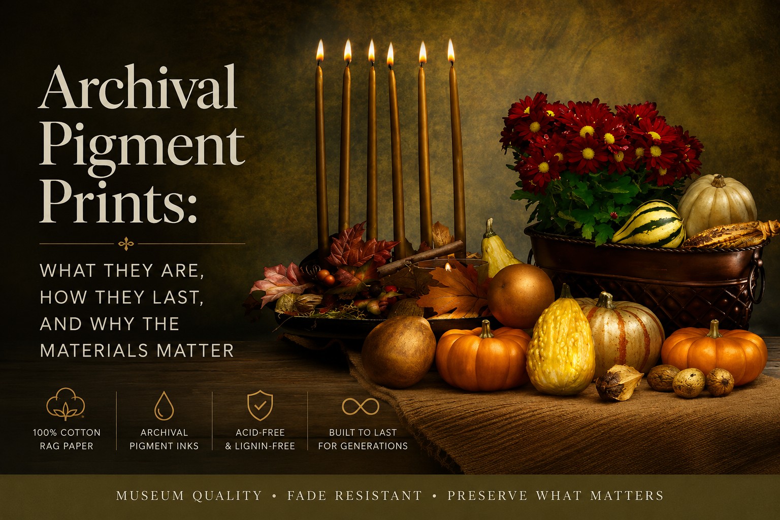 Autumn still life with candles, flowers, pumpkins, gourds, and walnuts illustrating archival pigment prints and museum-quality fine art printing.