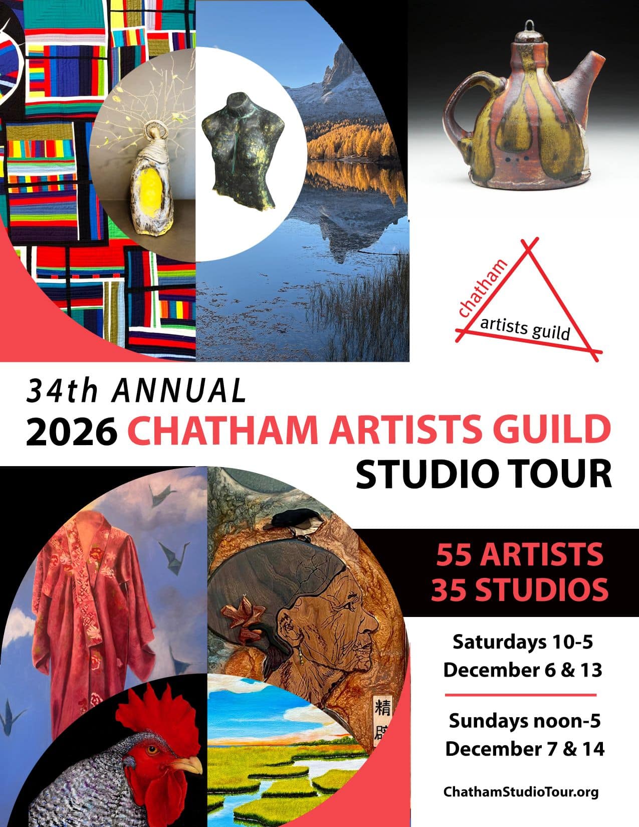 Colorful art pieces and scenic landscape for Chatham Artists Guild Studio Tour.