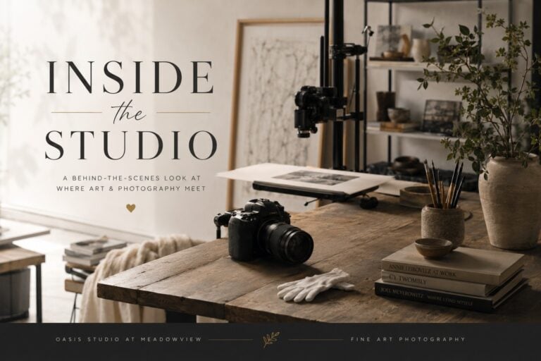 Warmly lit fine art photography studio featuring a camera on a rustic wooden table, artwork reproduction setup, books, brushes, and decorative objects with the text “Inside the Studio” overlayed on the image.