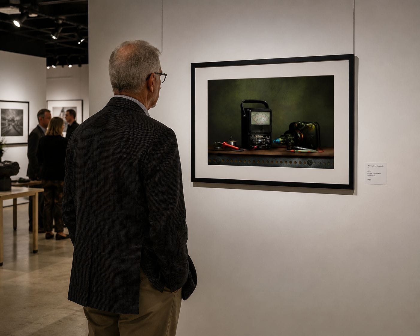 A collector standing in front of a framed fine art print at a gallery show