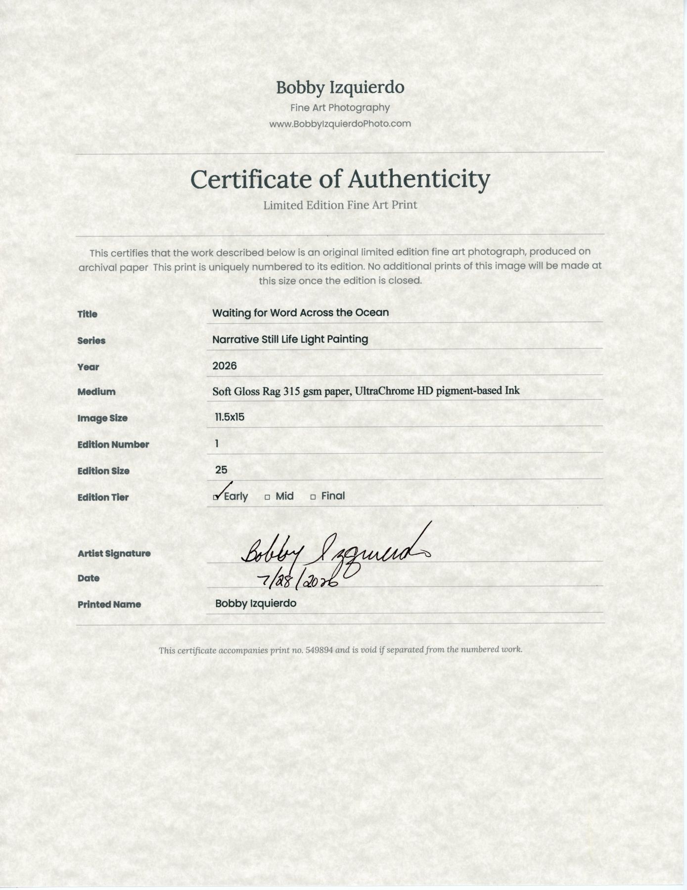 Certificate of Authenticity for Bobby Izquierdo Photography