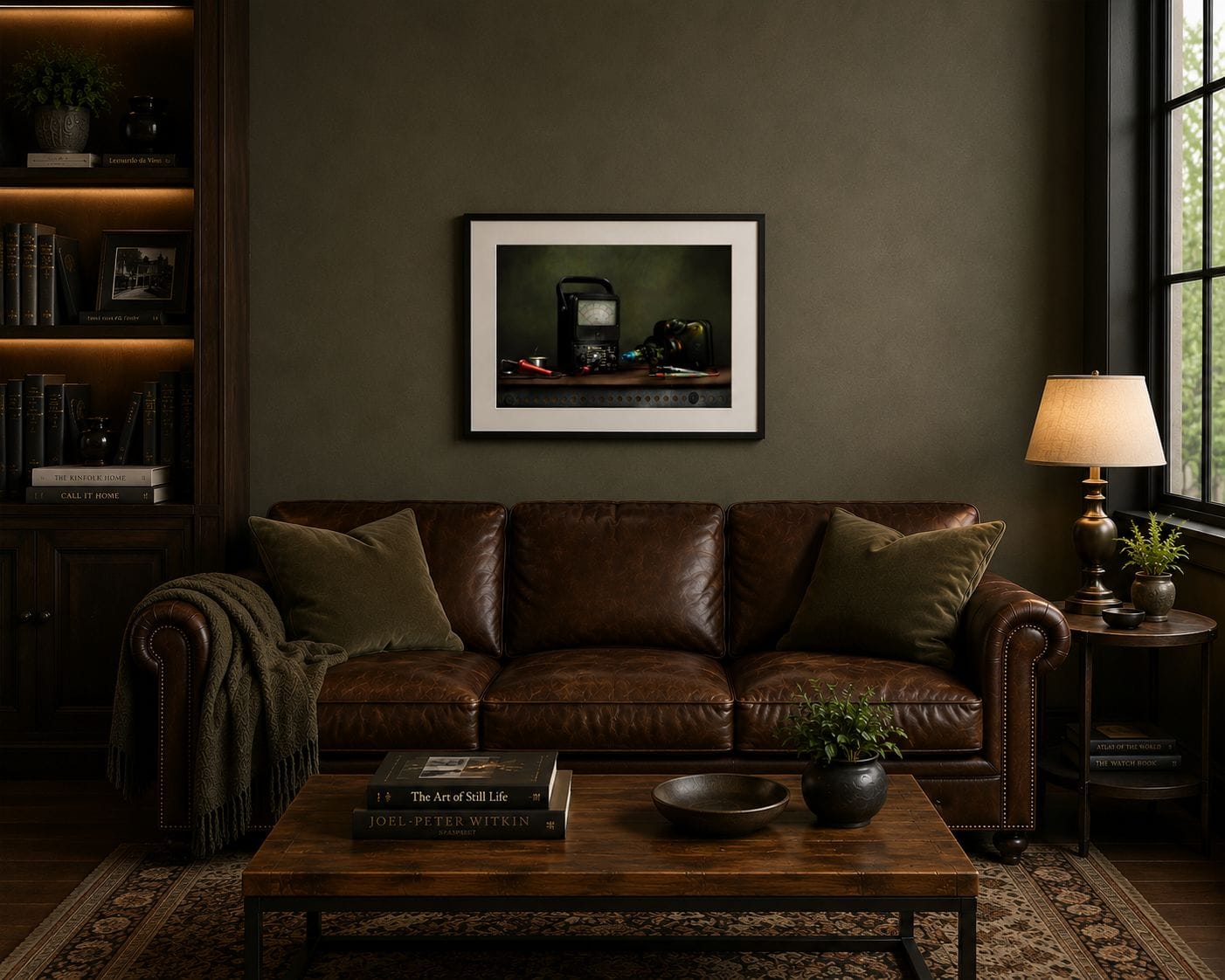 A framed fine art photograph on a wall, lit to show its surface and depth.