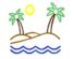 Simple drawing of a tropical island with two palm trees, sun, and ocean waves.