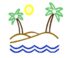Simple drawing of a tropical island with two palm trees, sun, and ocean waves.