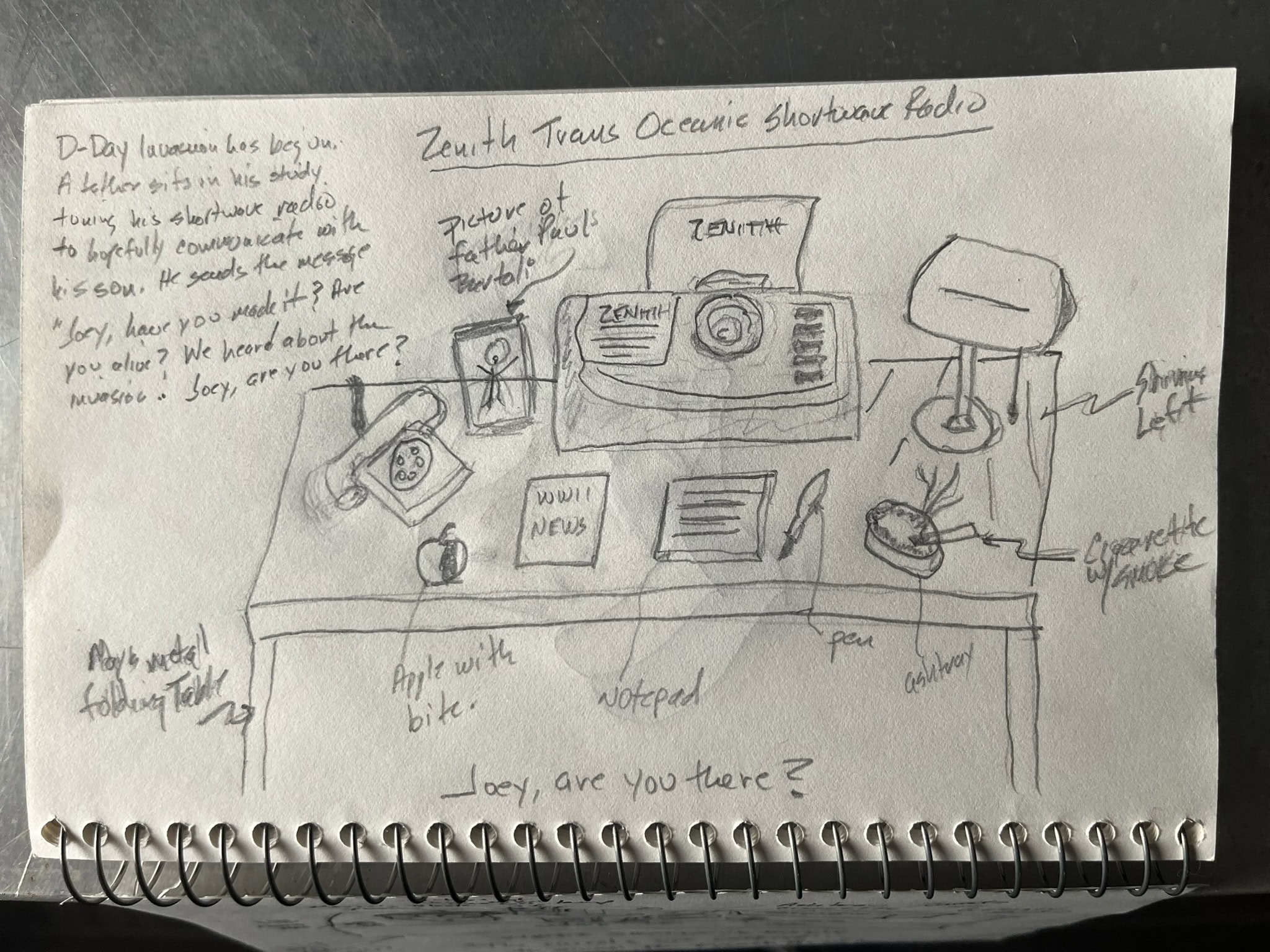 A pencil sketch beside the still life setup it planned