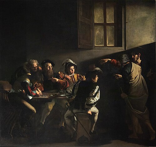 Caravaggio's The Calling of Saint Matthew, lit by a single dramatic beam of light