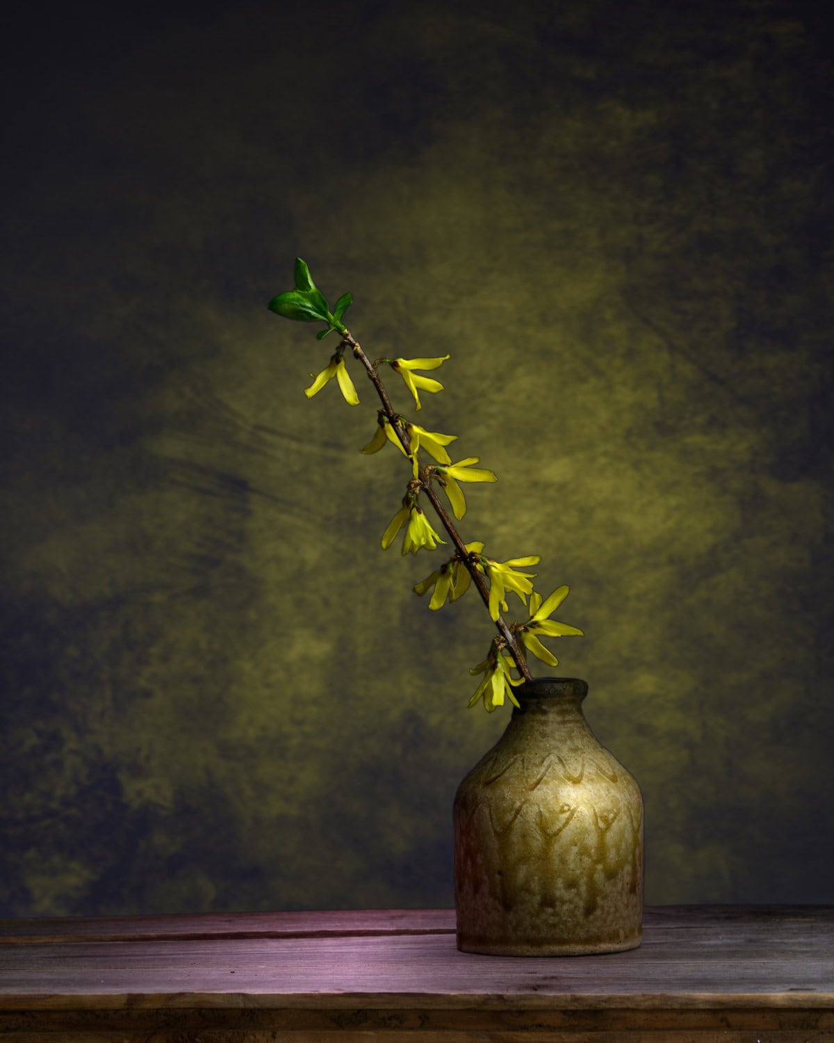 Yellow forsythia blossoms on a branch in a stoneware jar, lit against a dark, mottled background.