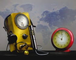 71 Seconds to Midnight explores the fragile tension between science, time, and human vulnerability. Inspired by the symbolic Doomsday Clock and the global upheaval of the COVID-19 pandemic, the composition pairs a Geiger counter with a glowing red clock to evoke a world suspended on the edge of uncertainty and chaos. A dramatic still-life photograph featuring a vintage Geiger counter beside a glowing red alarm clock set against a dark background. The scene is illuminated with moody directional light, evoking Cold War anxiety and the looming threat of catastrophe. Wisps of smoke and deep shadows enhance the tension and symbolic atmosphere.