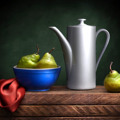 Still life of pears, teapot, bowl, and red cloth by Bobby Izquierdo