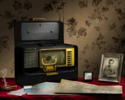 Classic retro radio setup with personal memorabilia and antique decor. Vintage Zenith radio with framed photograph and decorative items on a red tablecloth.